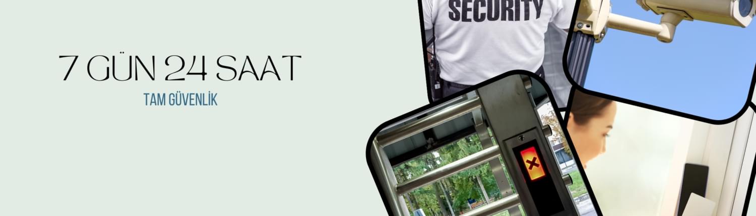 açık mavi zemin üzerinde, sağda 4 kare içerisinde; güvenlik görevlisi, güvenlik kamerası, turnike sistemi ve elektronik kartla kapı açan kadın görseli. Solda 