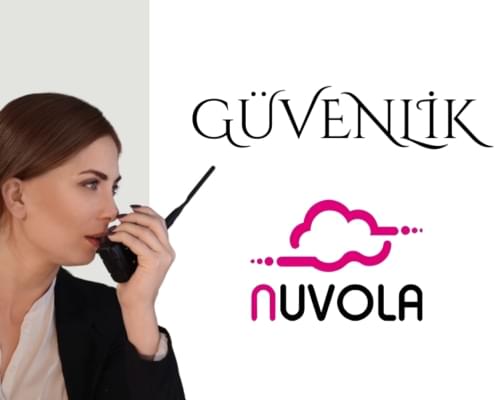 sağ altta Nuvola kız öğrenci yurdu logus, onun üzerinde güvenlik yazısı ve solda telsizle konuşan kadın görseli
