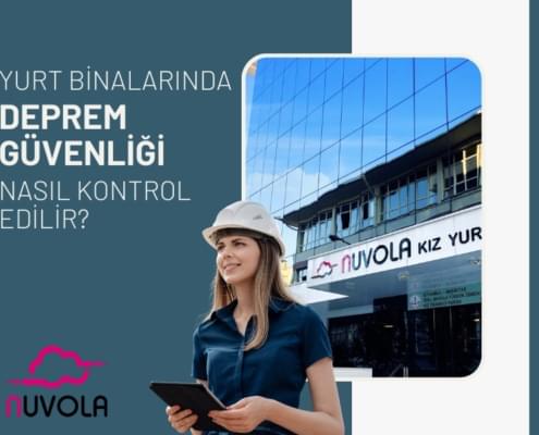 soldaki yeşil zemin üzerinde, "yurt binalarında deprem güvenliği nasıl kontrol edilir?" yazısı ve altında nuvola kız yurdu logosu. ortada mühendis kadın görsseli ve onun hemen üzerinde nuvola binası görseli