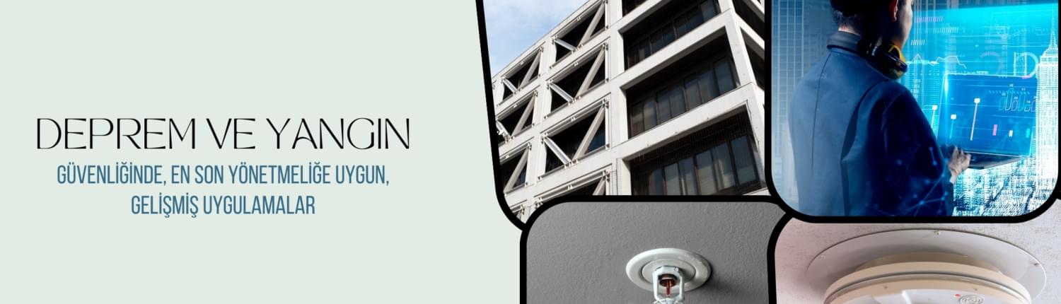 açık yeşil zemin üzerinde, sağda 4 kare içerisinde bina, mühendis, yangın söndürücü ve yangın alarmı görseli. Solda, 