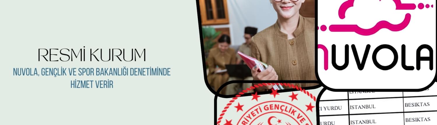 nuvola kız öğrenci yurdu gençlik ve spor bakanlığına bağlıdır temalı, gülümseyen öğrenci, nuvola logosu, GSB logosu ve kurum listesi içeren görsel