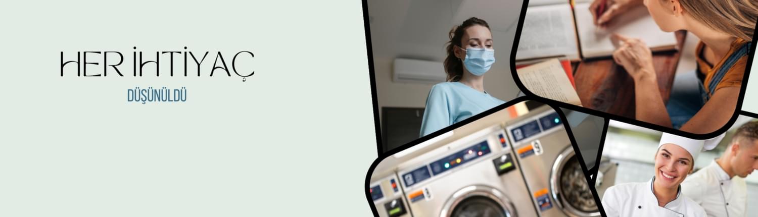 açık mavi zemin üzerine sağda 4 kare içerisinde; hemşire, ders çalışan öğrenci, çamaşır makinesi ve aşçı görseli. Solda 