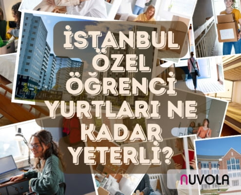 geri planda çeşitli yurt ve öğrenci görselleri, ön planda açık kahverengi yazı ve büyük harflerle; "istanbul özel öğrenci yurtları ne kadar yeterli?" yazısı.