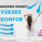 konfor temalı, esinti sembollerinin yer aldığı ve esneyen kadının geriden çekilmiş resmi olan tasarım. Sağ alt köşede nuvola logosu ve resmin üzerinde modern donatı yüksek konfor yazısı