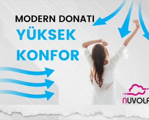 konfor temalı, esinti sembollerinin yer aldığı ve esneyen kadının geriden çekilmiş resmi olan tasarım. Sağ alt köşede nuvola logosu ve resmin üzerinde modern donatı yüksek konfor yazısı