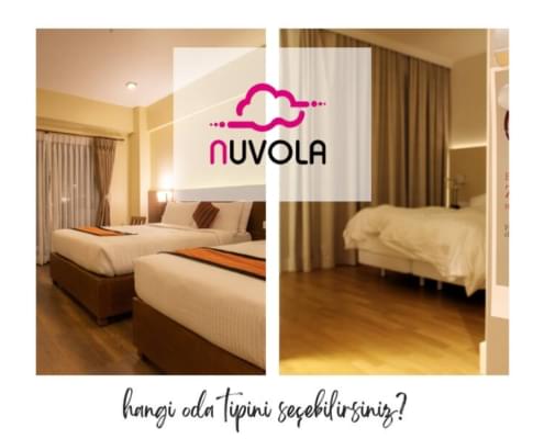 ikiye ayrılmış ekranda iki farklı oda ve ortada nuvola kız öğrenci yurdu logosu. Altta, hangi oda tipini seçebilirsiniz? yazısı