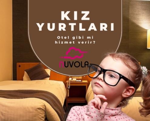 tepede "kız yurtları" yazılı altında otel gibi mi hizmet verir alt metni bulunan görsel. yarım daire içerisinde nuvola logosu, geri planda oda görseli ve ön planda merak eden çocuk görseli