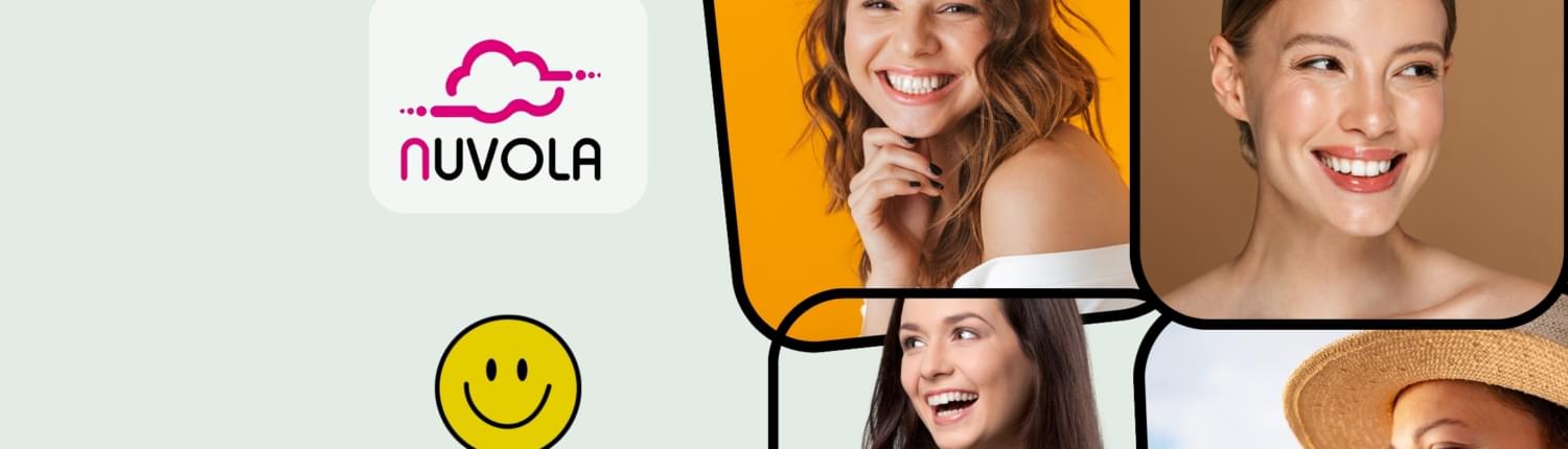 solda nuvola kız yurdu logosu, altında gülen amoji olan ve sağ tarafta 4 kare içerisinde mutlu kadınların görüntüleri yer alan tasarım