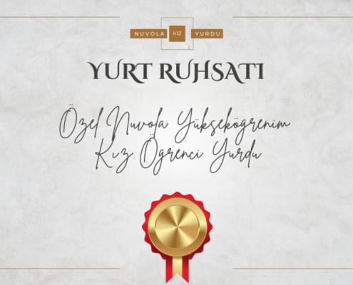 sertifika tasarımı üzernde büyük "yurt ruhsatı" yazısı. Üstte ve ortada Nuvola Kız Yurdu yazıları.