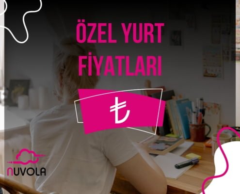 geri planda, ders çalışan kız öğrenci yurdu öğrencisi, önce "TL" sembolü ve üzerinde "özel yurt fiyatları" yazısı
