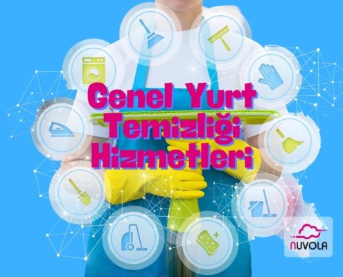 Genel Yurt Temizliği Hizmetleri yazısının arkasında, temizlikle ilgili semboller ve elinde faraş tutan bir kadın