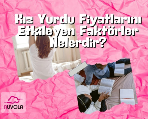 pembe buruşuk kağıt üzerine Kız Yurdu Fiyatlarını Etkileyen Faktörler Nelerdir? yazısı. geri planda ders çalışan öğrenci ve yataktan kalkan öğrenci görseli.