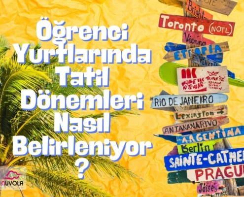 Öğrenci Yurtlarında Tatil Dönemleri Nasıl Belirleniyor? yazısı. Solda palmiye ağacı görseli sağda tatil rotalarını gösteren tabela öbeği görseli.