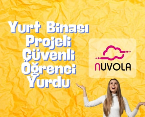 Solda, Yurt Binası Projeli, Güvenli Öğrenci Yurdu yazısı. sağda nuvola logosu ve altında ellerini iki yana açmış kadın görseli.