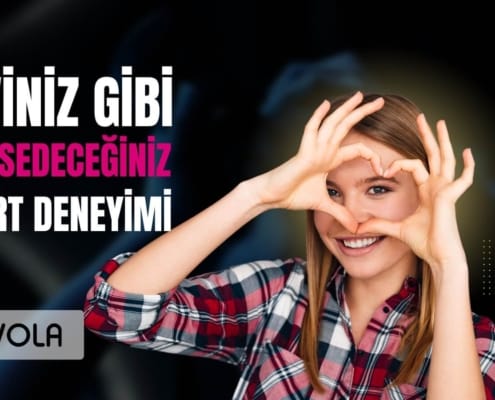 Eviniz gibi özleyeceğiniz bir yurt deneyimi için hizmetinizdeyiz yazısının altında Nuvola logosu. Sağda eliyle kalp işareti yapan kız öğrenci görseli