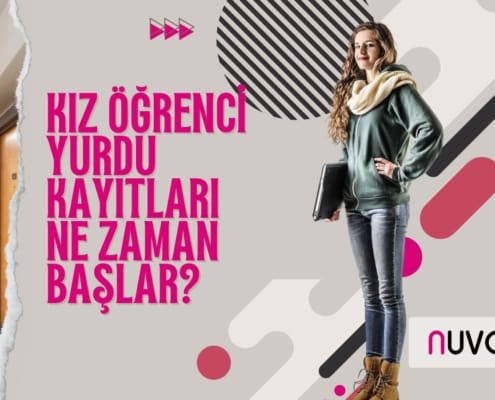 Gri geri plan üzerinde, sağda ayakta duran kız öğrenci görseli, solda Kız öğrenci yurdu kayıtları ne zaman başlar? yazısı.