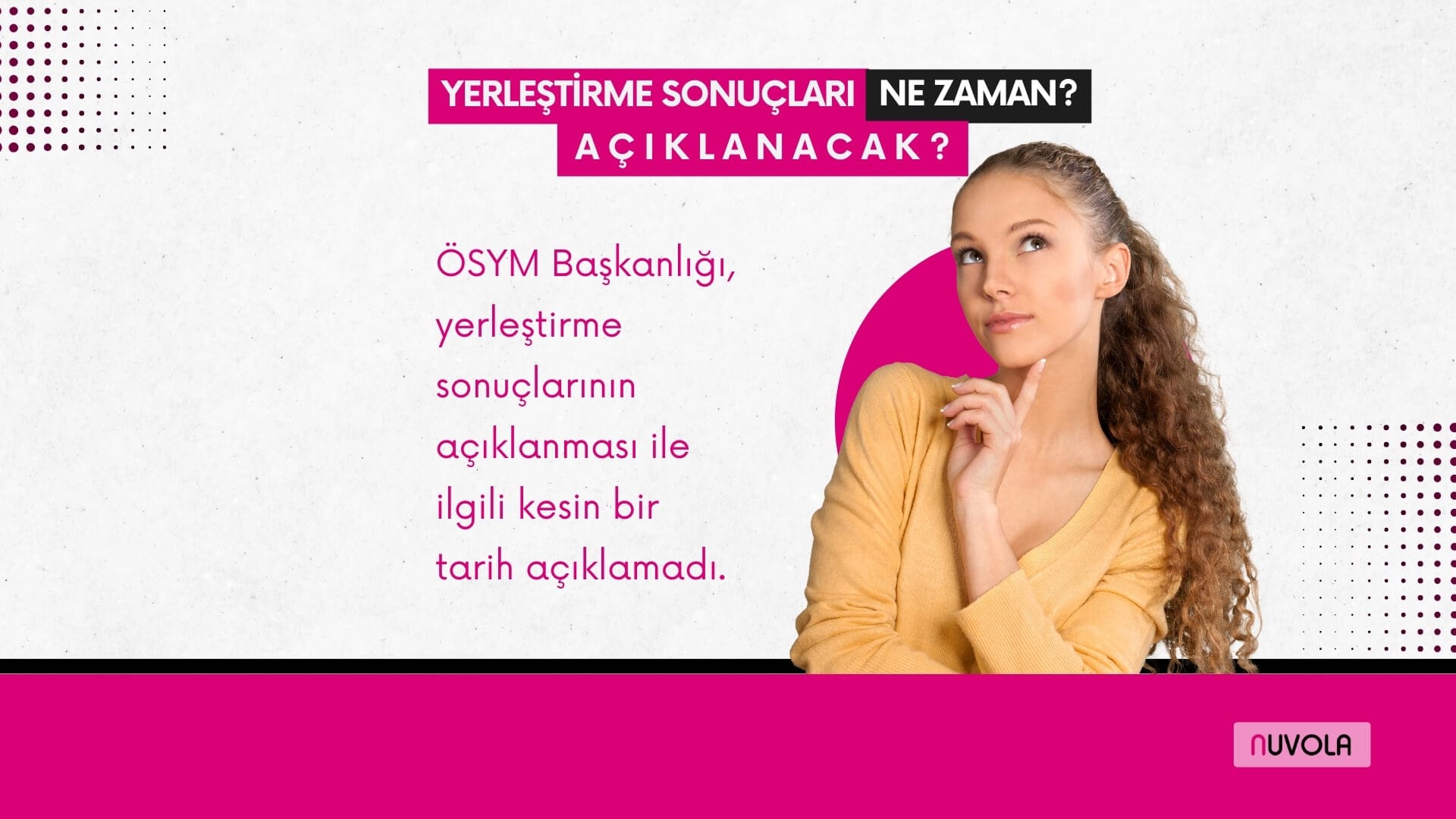 Sağda düşünen kız öğrenci, solda ÖSYM'nin henüz tarih açıklamadığını anlatan metin, üstte yerleştirme sonuçları ne zaman açıklanacak yazısı.