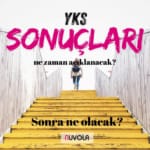 sarı merdivenleri çıkan kız öğrenci, en üstte YKS sonuçları, onun altında ne zaman açıklanacak yazısı. Merdiven üzerinde, "sonra ne olacak?" yazısı ve en altta Nuvola Kız Yurdu logosu.
