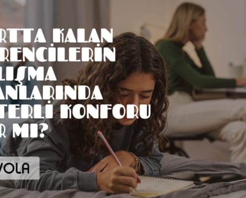 Arka planda, yurt odasında ders çalışan iki kız öğrenci. Birisi masa başında, diğeri yatakta. Önde, Yurtta kalan öğrencilerin çalışma alanlarında yeterli konforu var mı? yazısı ve altında nuvola logosu