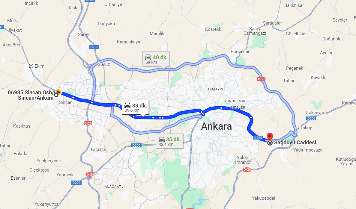 google haritalardan alınmış, ankaradaki mesafeleri gösteren ekran görüntüsü
