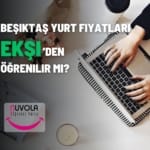 geri planda bilgisayarda arama yapan kadın. Önde, beşiktaş'ta yurt fiyatları ekşi'den öğrenilir mi? yazısı. Altta solda nuvola kız öğrenci yurdu logosu