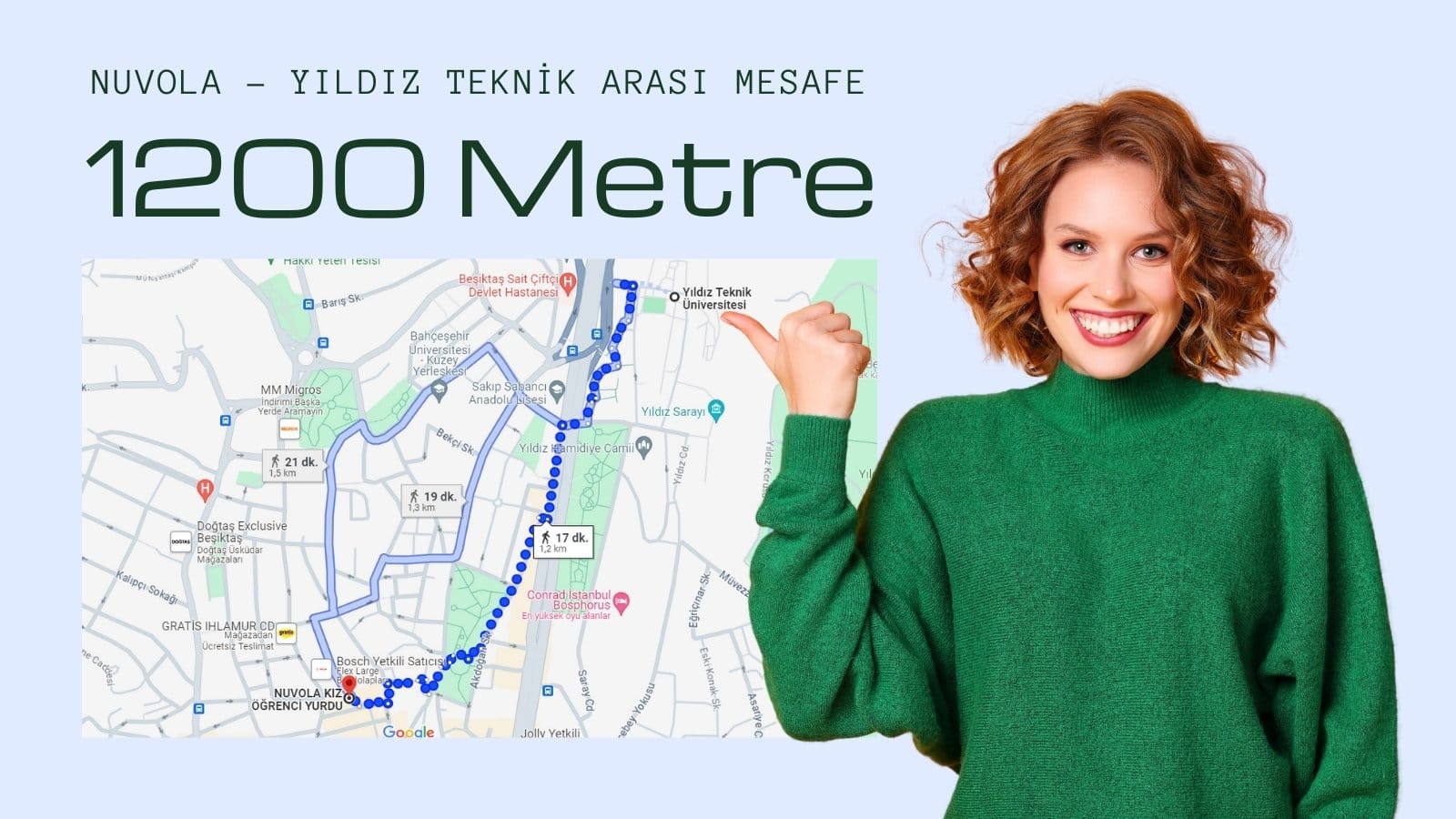 mavi geri planın önünde sola hizalanmış biçimde en üstte, Yıldız Teknik Üniversitesi Nuvola Arası mesafe 1200 metre yazısı. Yazının altında google haritalardan alınmış yol tarifi ekran görüntüsü. Sağda haritayı gösteren kadın görseli.